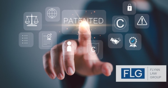 businessman touch virtual screen of patented word with copyright icons for author rights and patented intellectual property.